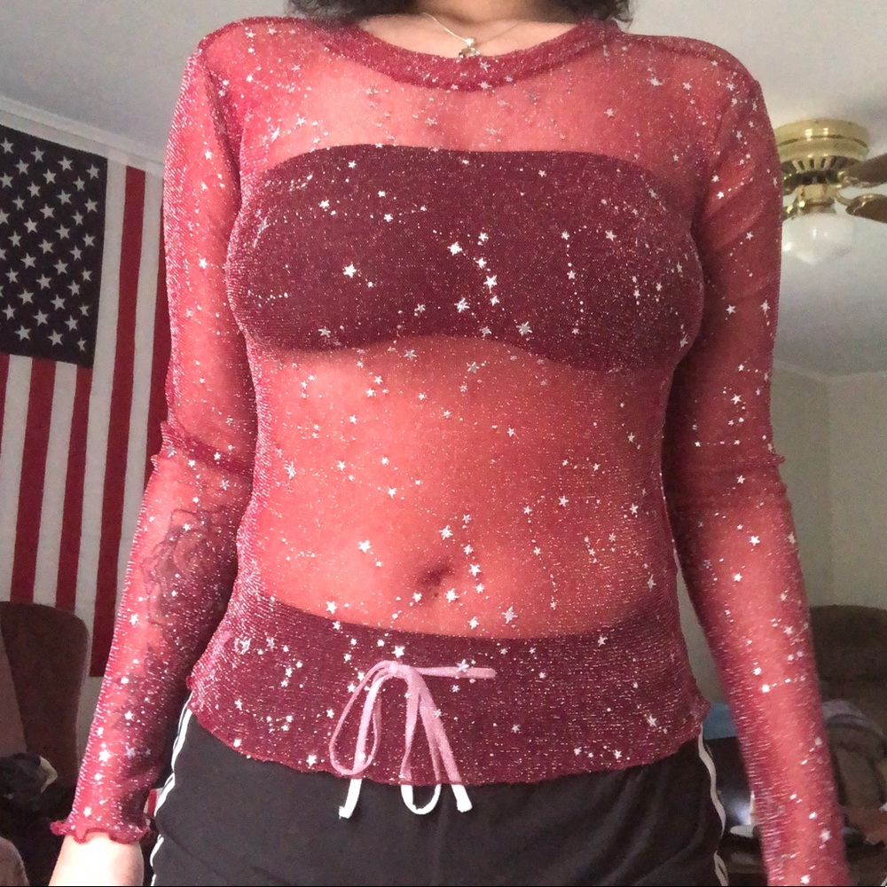 Star Glitter Red Mesh See Through Top